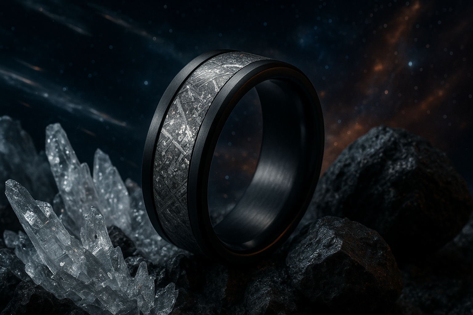show a close-up black zirconium metal ring.  The band width should be 8mm and the ring should have a meteorite inlay.  The ring should be among the jagged rocks and ice of a meteorite speeding through the cosmos.  The image should be cinematic and ultra-realistic