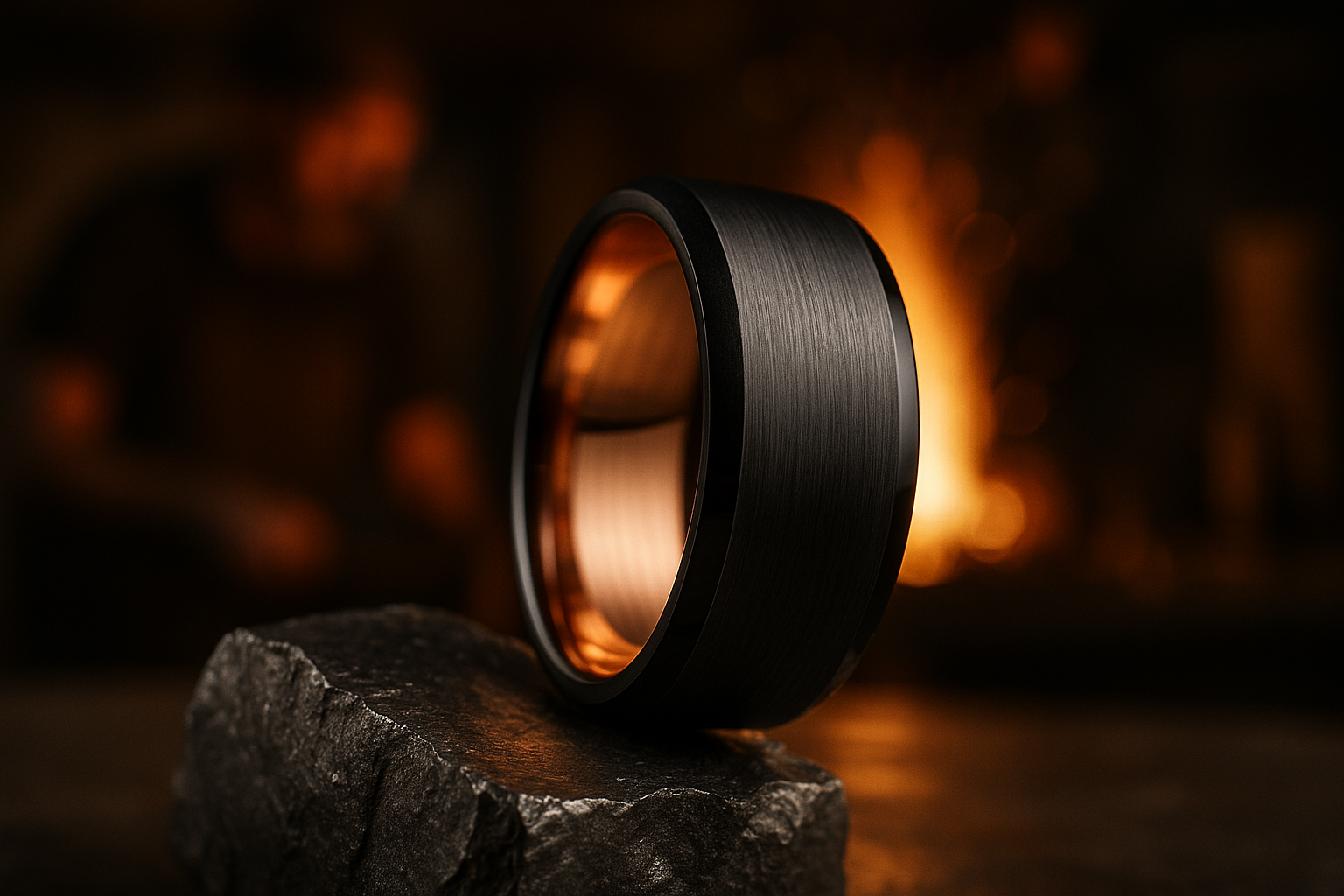 show a close-up of a high quality tungsten carbide men's metal ring.  The band width should be 8mm and the ring should have a brushed rose gold inner and brush black tungsten carbide outer.  The ring should be leaning against a block of tungsten carbide with a blurred blacksmith and fire in the background.  The image should be cinematic and ultra-realistic