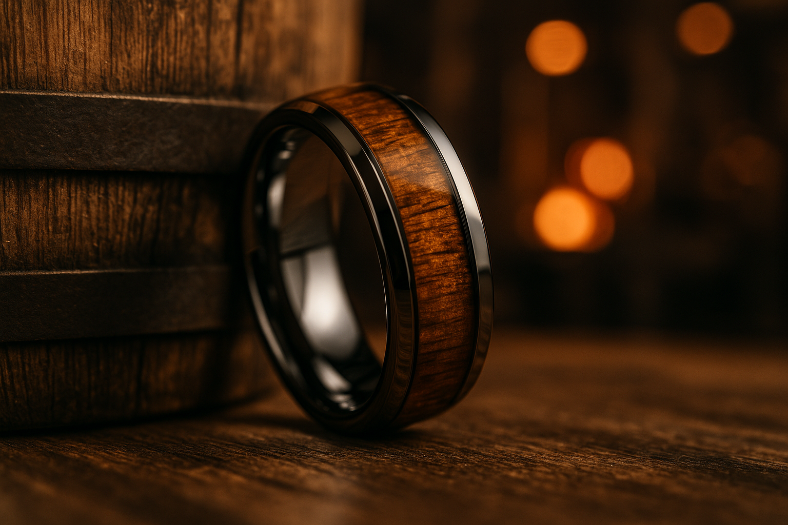 show a close-up of a high-quality tungsten carbide mens metal ring.  The band width should be 8mm and the ring should have a whiskey barrel inlay.  The ring should be leaning against a whiskey barrel and there should be a blurred foundry in the background.  The image should be cinematic and ultra-realistic