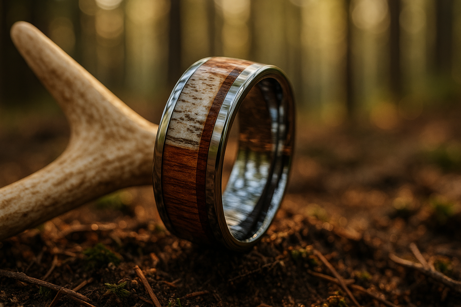 show a close-up of a high quality tungsten carbide men's metal ring.  The band width should be 8mm and the ring should have an antler and wood inlay.  The ring should be leaning against a shed deer antler with a blurred forest background.  The image should be cinematic and ultra-realistic
